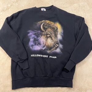 Vintage 90s Yellowstone Park  Crewneck Sweatshirt XL Bison Lightening Black